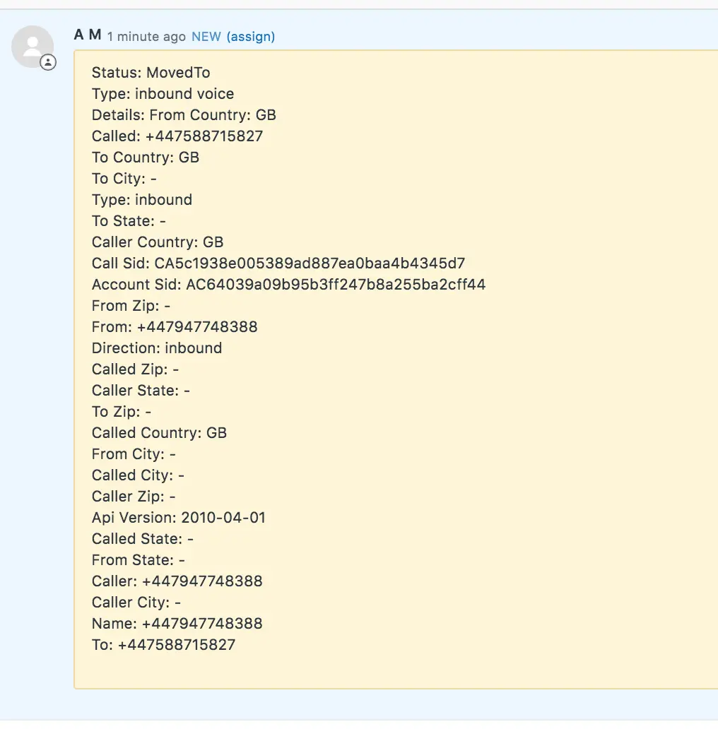 Inbound voice call details with status, type, caller, and country information.