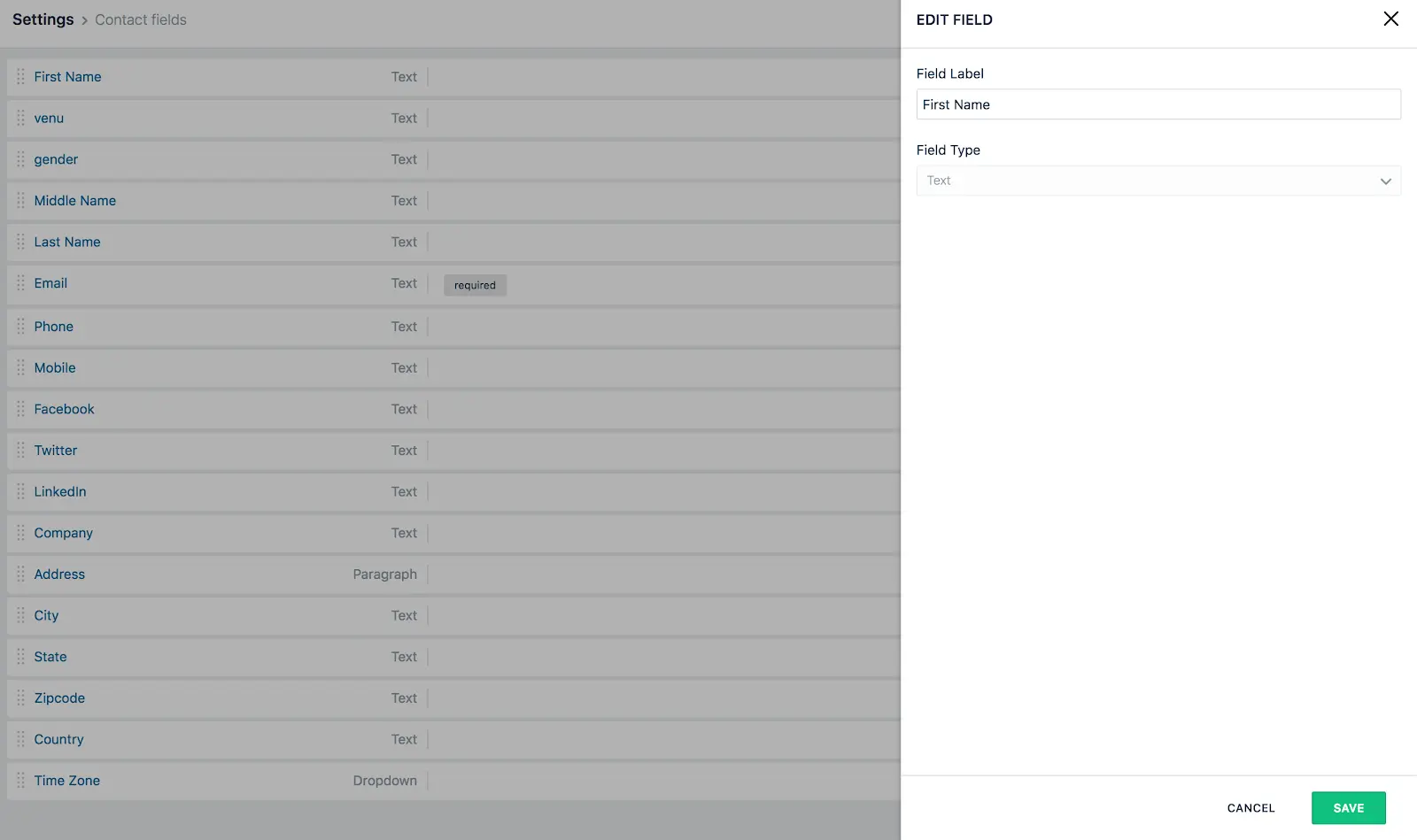 Freshmarketer contact fields list with edit sidebar for First Name field.