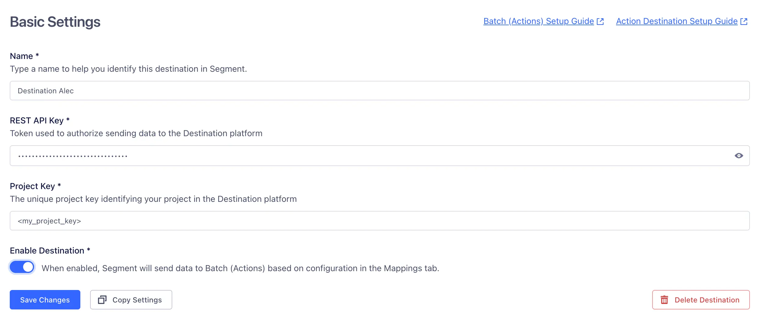 The Batch destination Basic Settings page in the Segment app.
