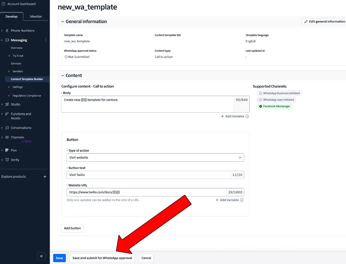 Configure WhatsApp template with call to action for website visit, including body text and URL fields.