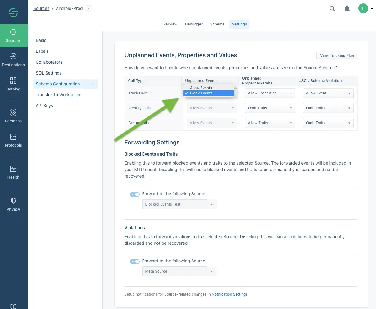 Settings page showing unplanned events with 'Block Events' selected for track calls.