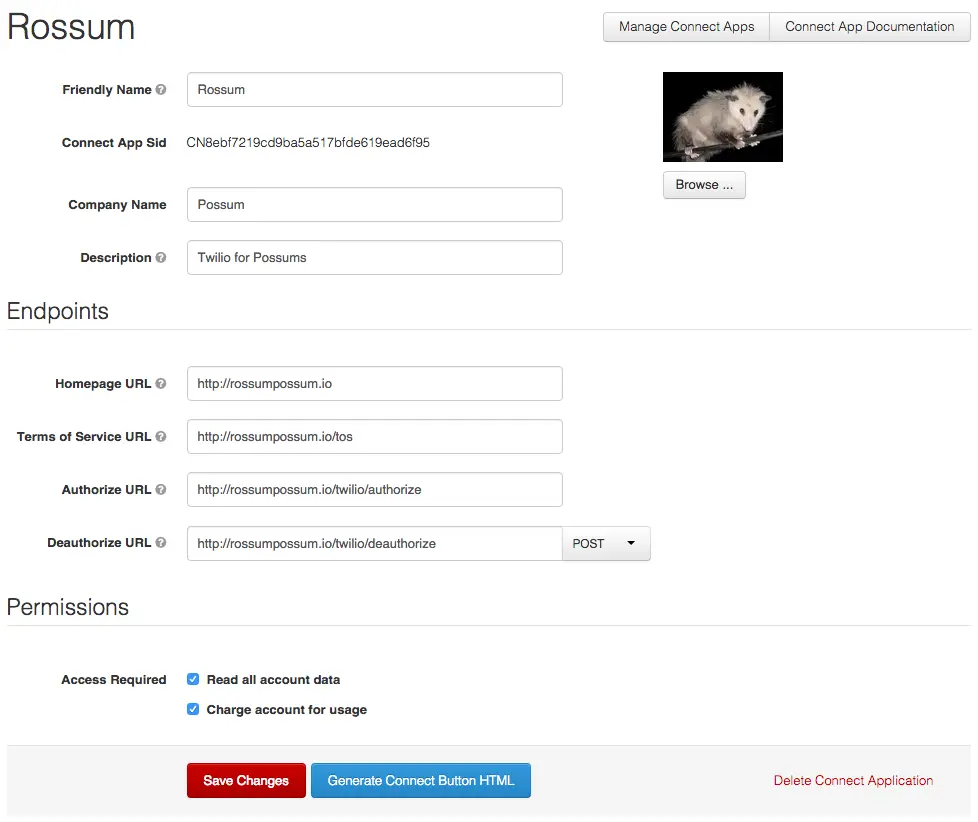 Rossum app settings with endpoints and permissions, including a possum .
