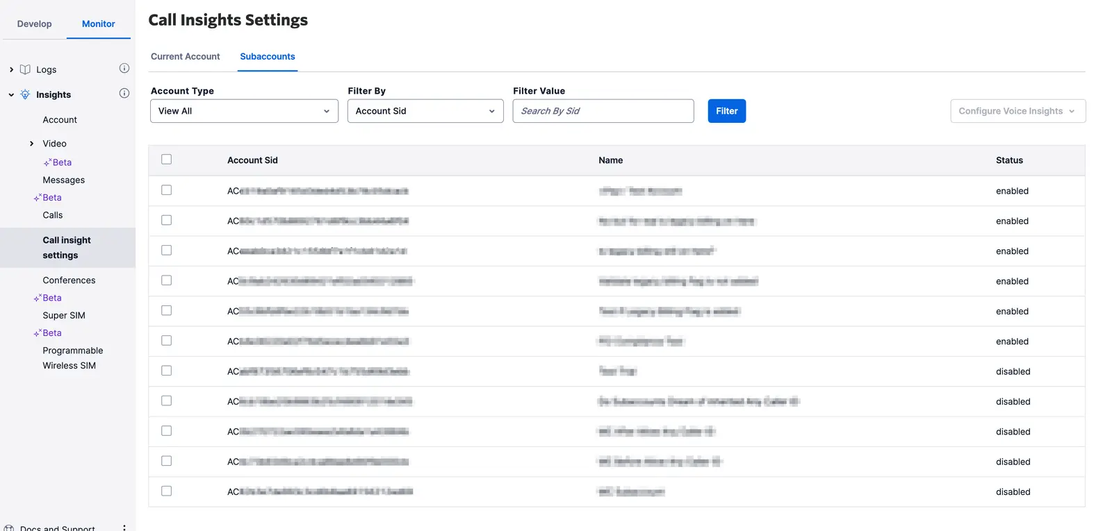 Call Insights Settings page showing subaccounts with filter options and status columns.