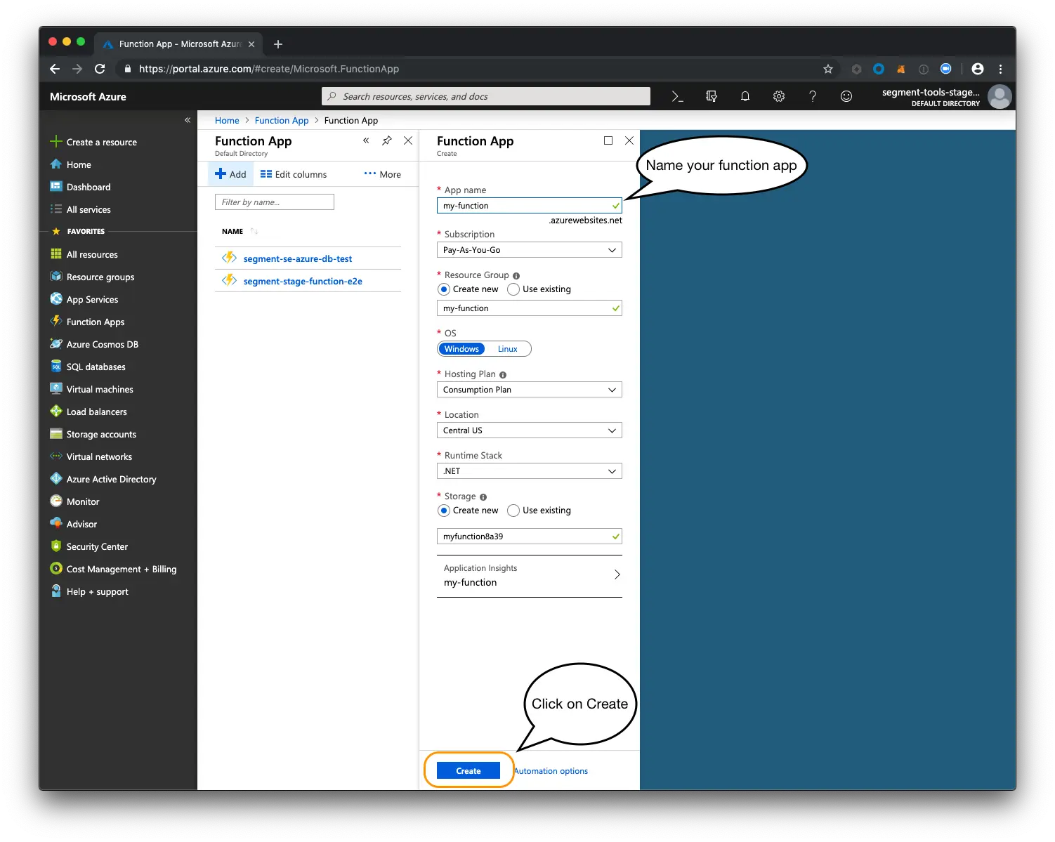 Azure portal showing Get function URL popup with Copy button highlighted.