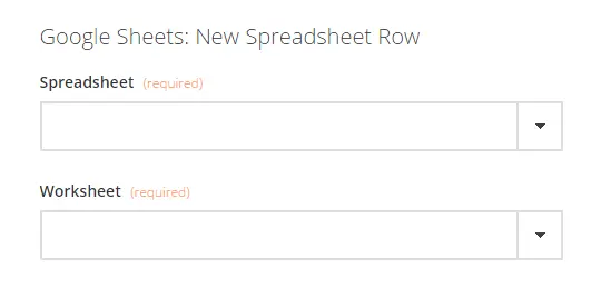 Google Sheets form fields for selecting spreadsheet and worksheet.