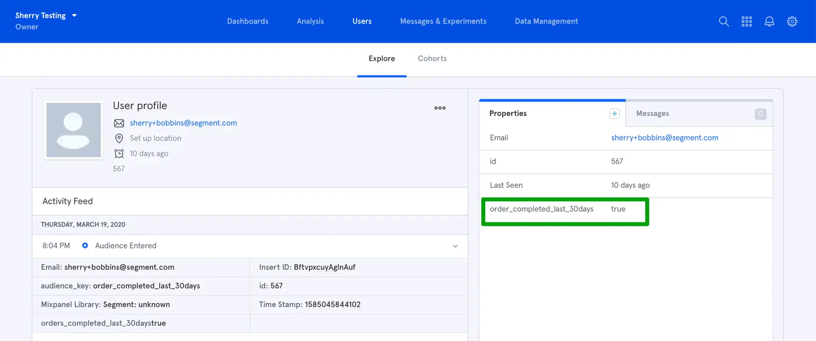 A screenshot of a user in Mixpanel, with a box around a custom trait.