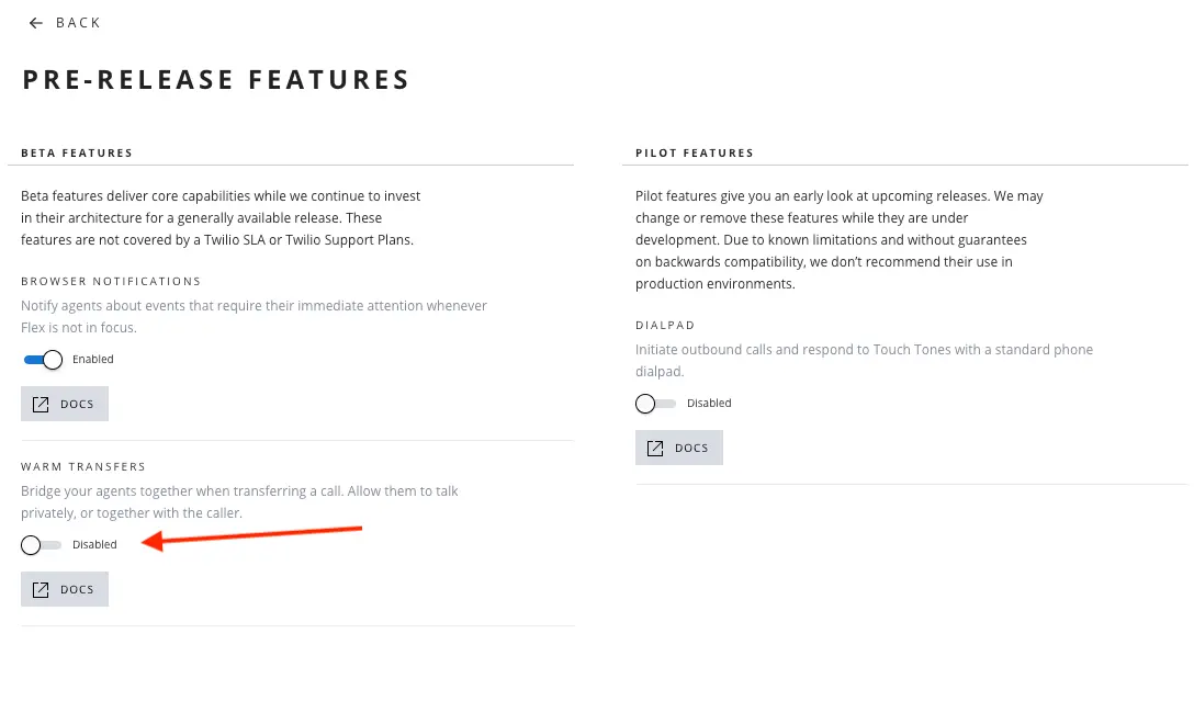 Pre-release features page with beta and pilot options, including browser notifications and warm transfers.