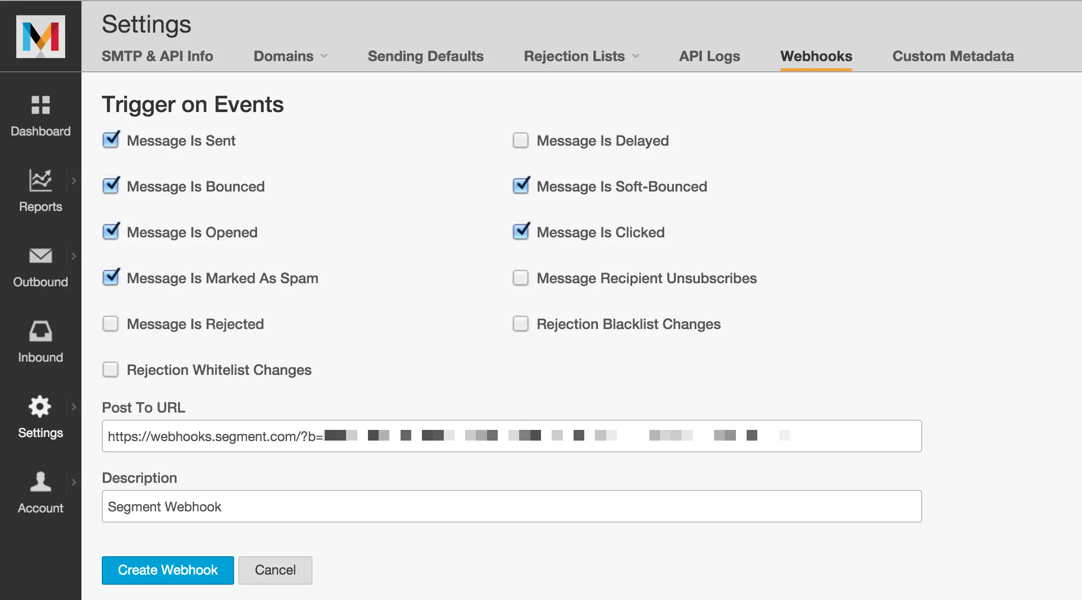 Mandrill Webhooks Settings page with Trigger on Events options.