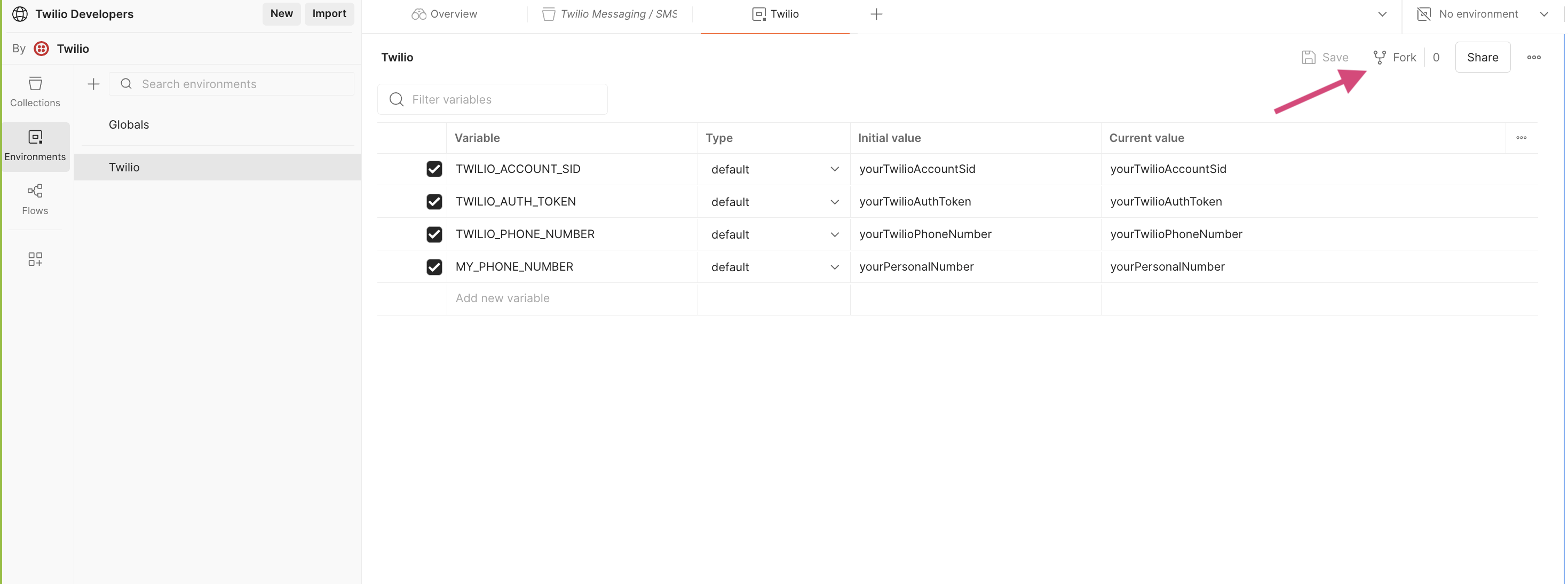 Create environment fork button.