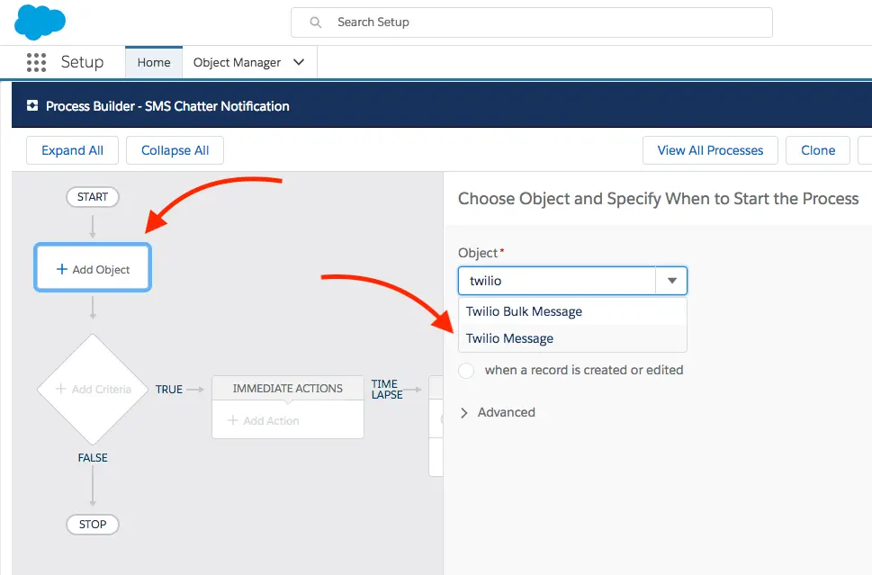 Salesforce process builder showing object selection for Twilio message trigger.