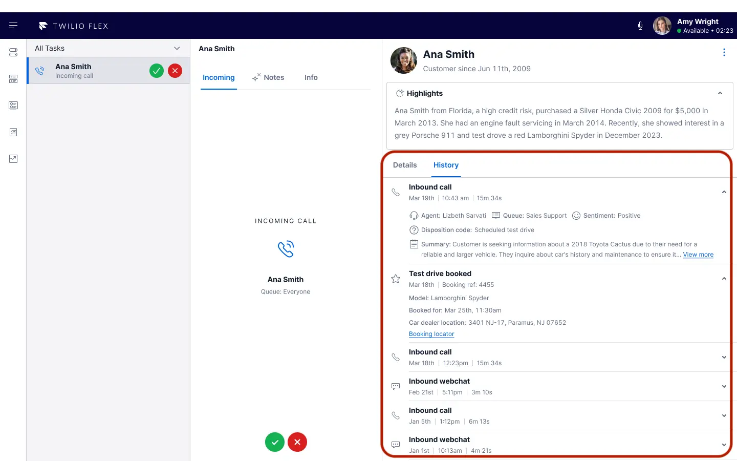 Twilio Flex UI showing Ana Smith's task history with details of calls and test drive bookings.