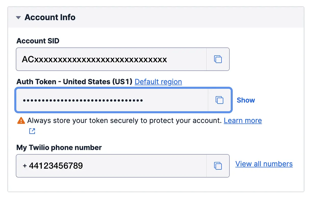 Twilio account info with SID, auth token, and phone number details.