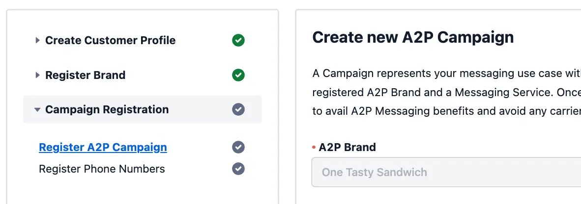 Campaign registration step with Register A2P Campaign link highlighted.