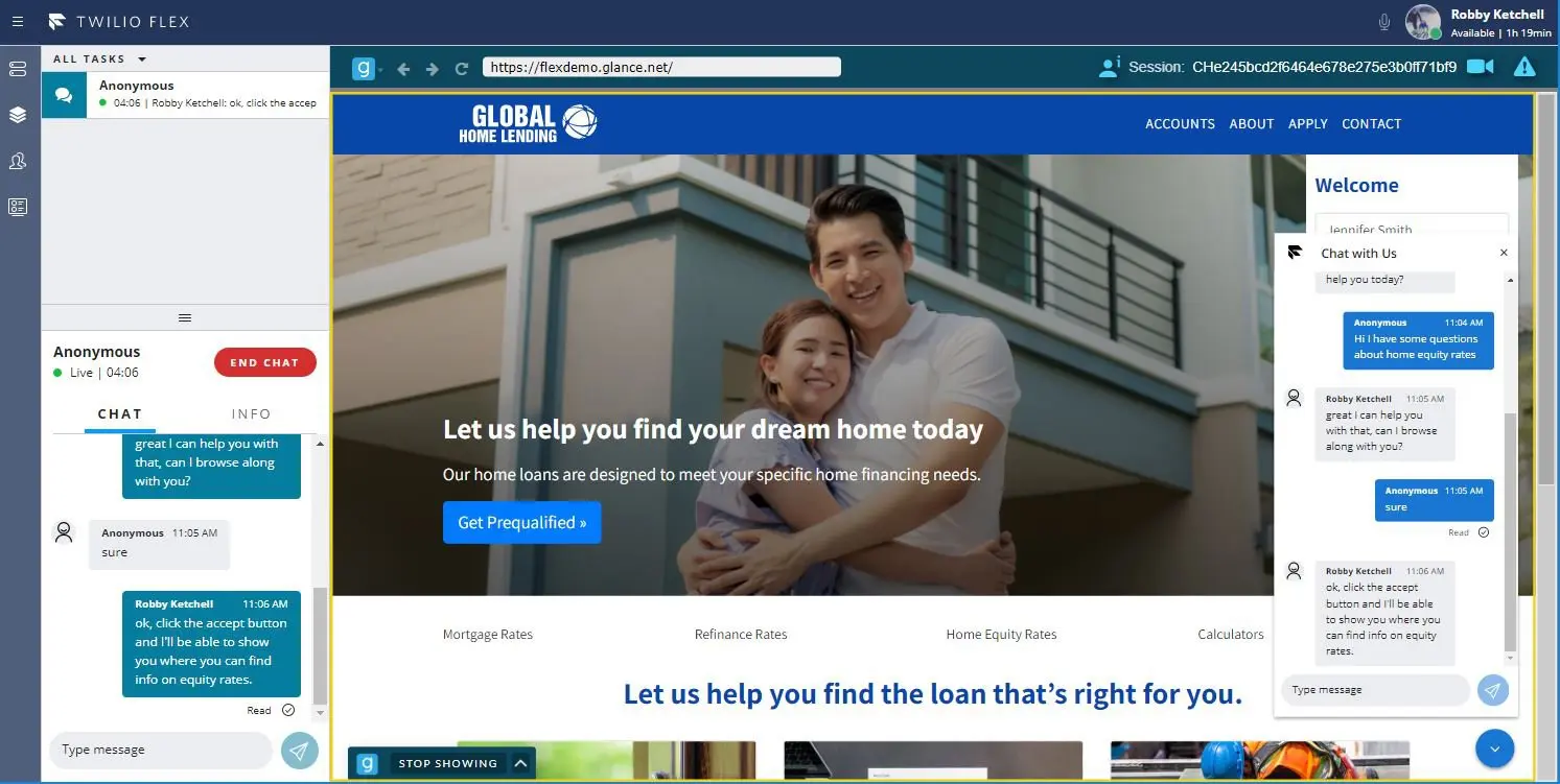 Twilio Flex interface with chat about home equity rates and Global Home Lending website.