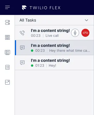 Twilio Flex task list showing three tasks with call and message icons.