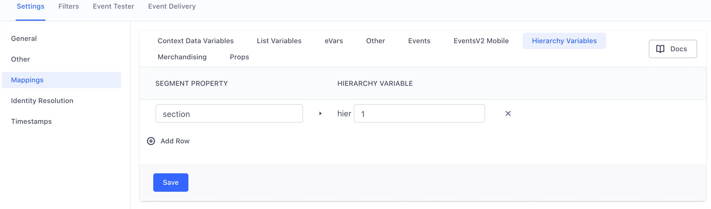 A screenshot of the Adobe Analytics settings page in Segment, with the Mappings section selected and a sample event mapping under the Hierarchy Values tab.