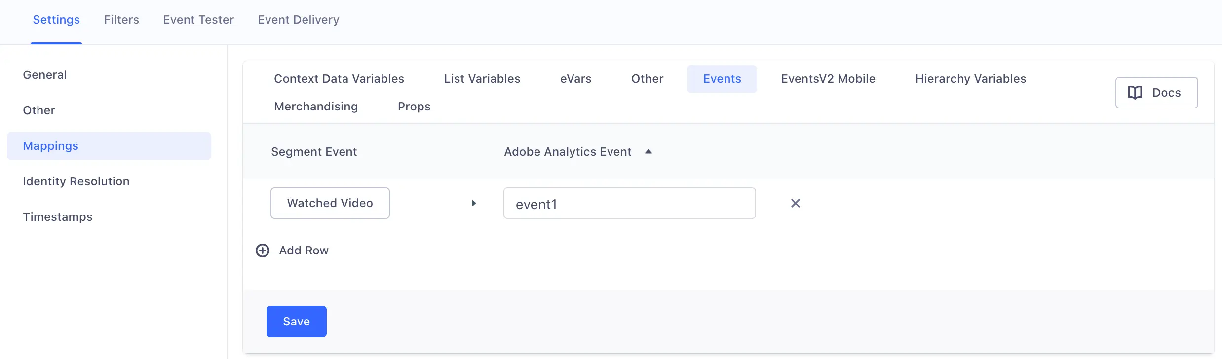 Adobe Analytics settings in Segment with hierarchy variable mapping for 'gameSections' to 'hier 1' under the Hierarchy Variables tab.