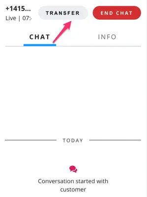Chat interface with transfer and end chat buttons highlighted.