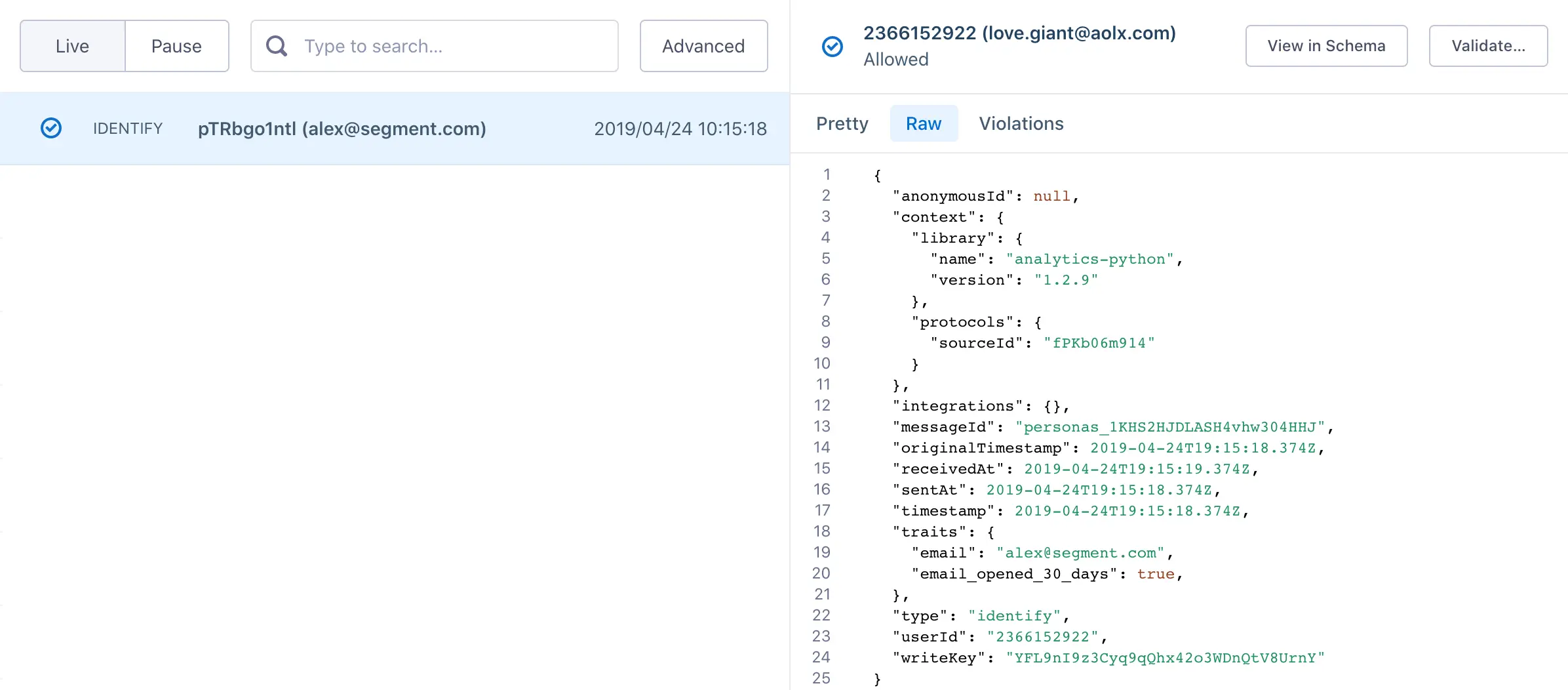 Profiles Debugger showing user alex@segment.com with analytics-python library details.