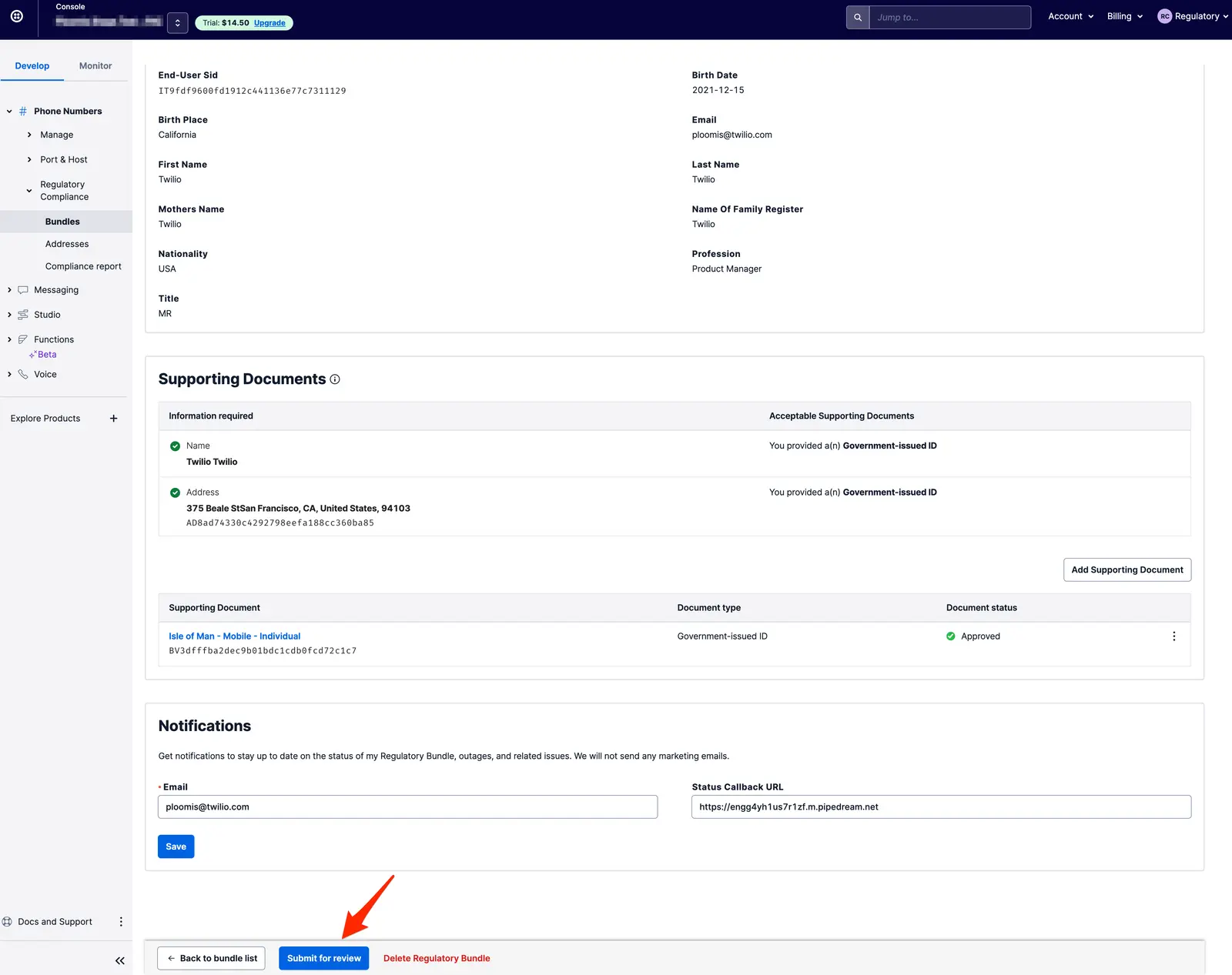 Regulatory compliance page displaying personal and document information, with a 'Submit for review' button highlighted.