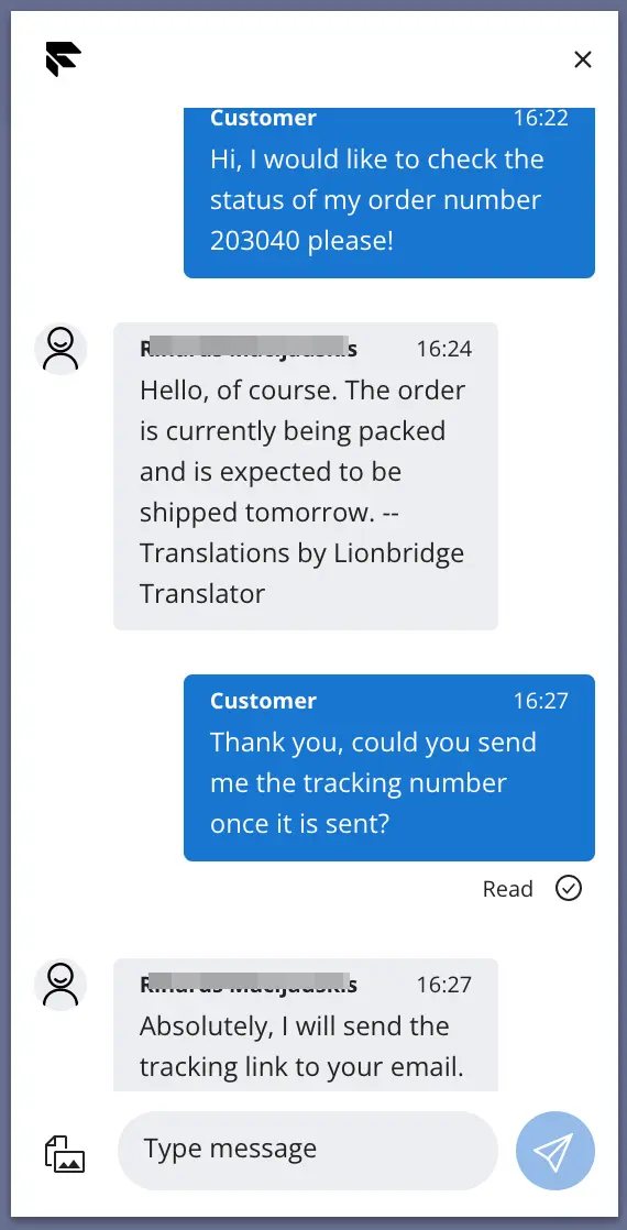 Chat with customer about order status and tracking information.