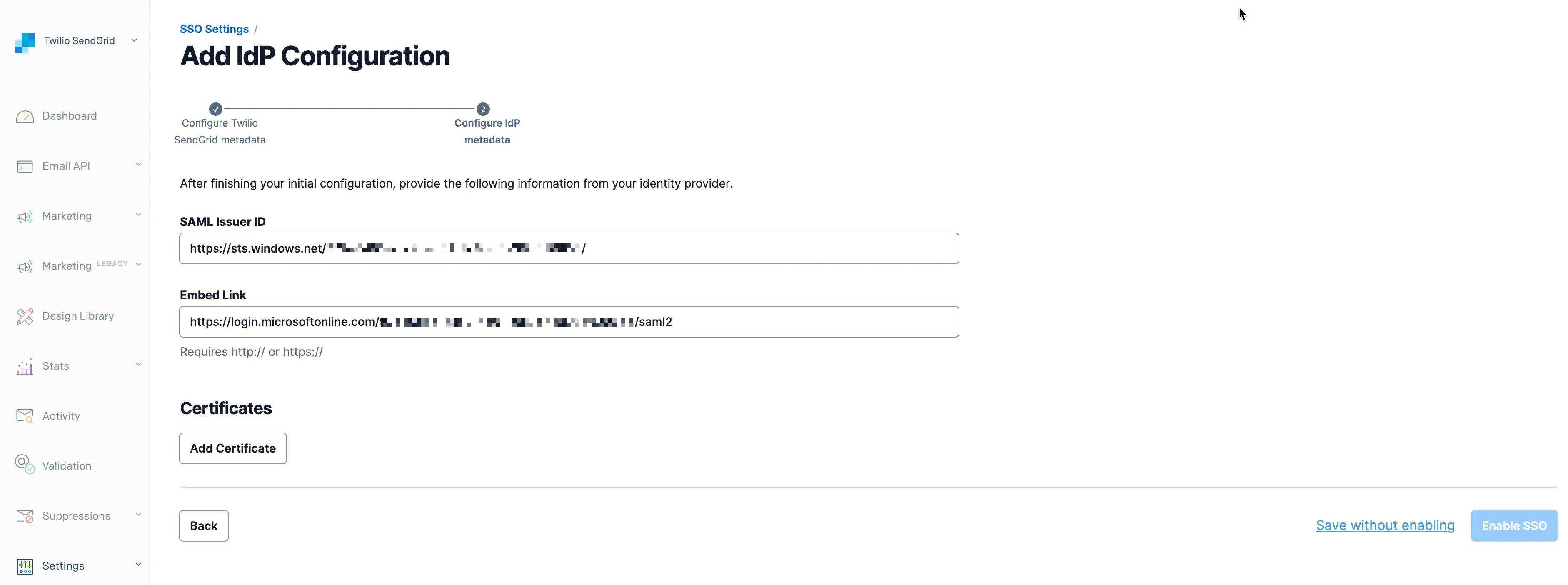The Twilio SendGrid SSO App page with complete IdP values.