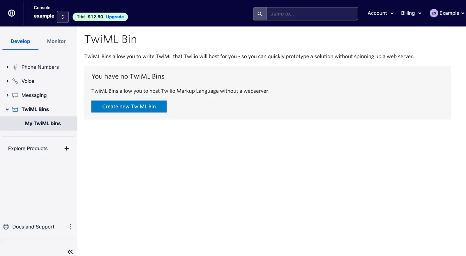TwiML Bin page in Twilio Console with option to create a new TwiML Bin.