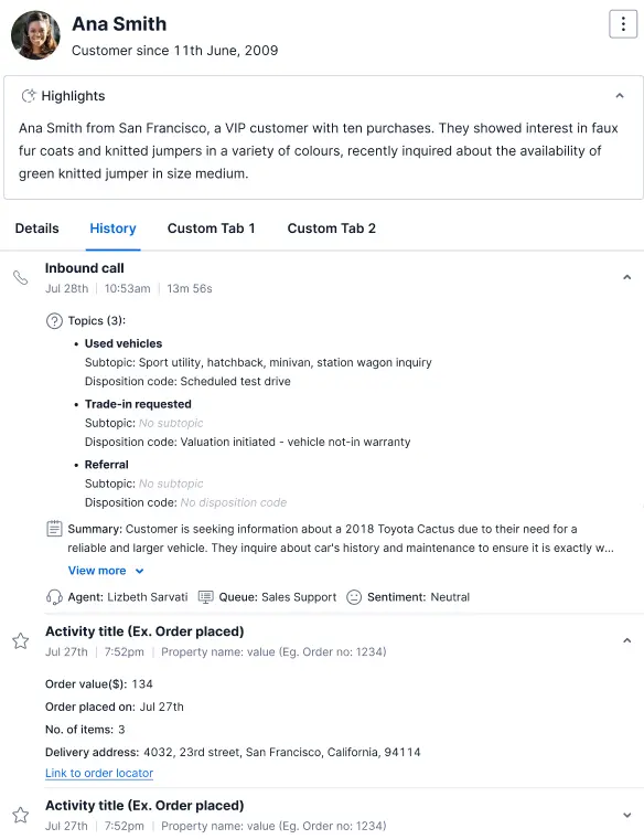 FLex UI with wrap-up notes in the customer history tab.