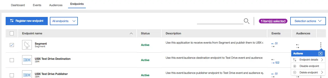 UBX Endpoints tab showing Segment endpoint with Active status and actions menu open.