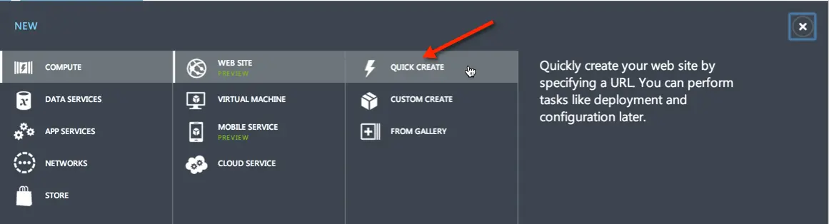 Azure portal showing options for quick website creation.
