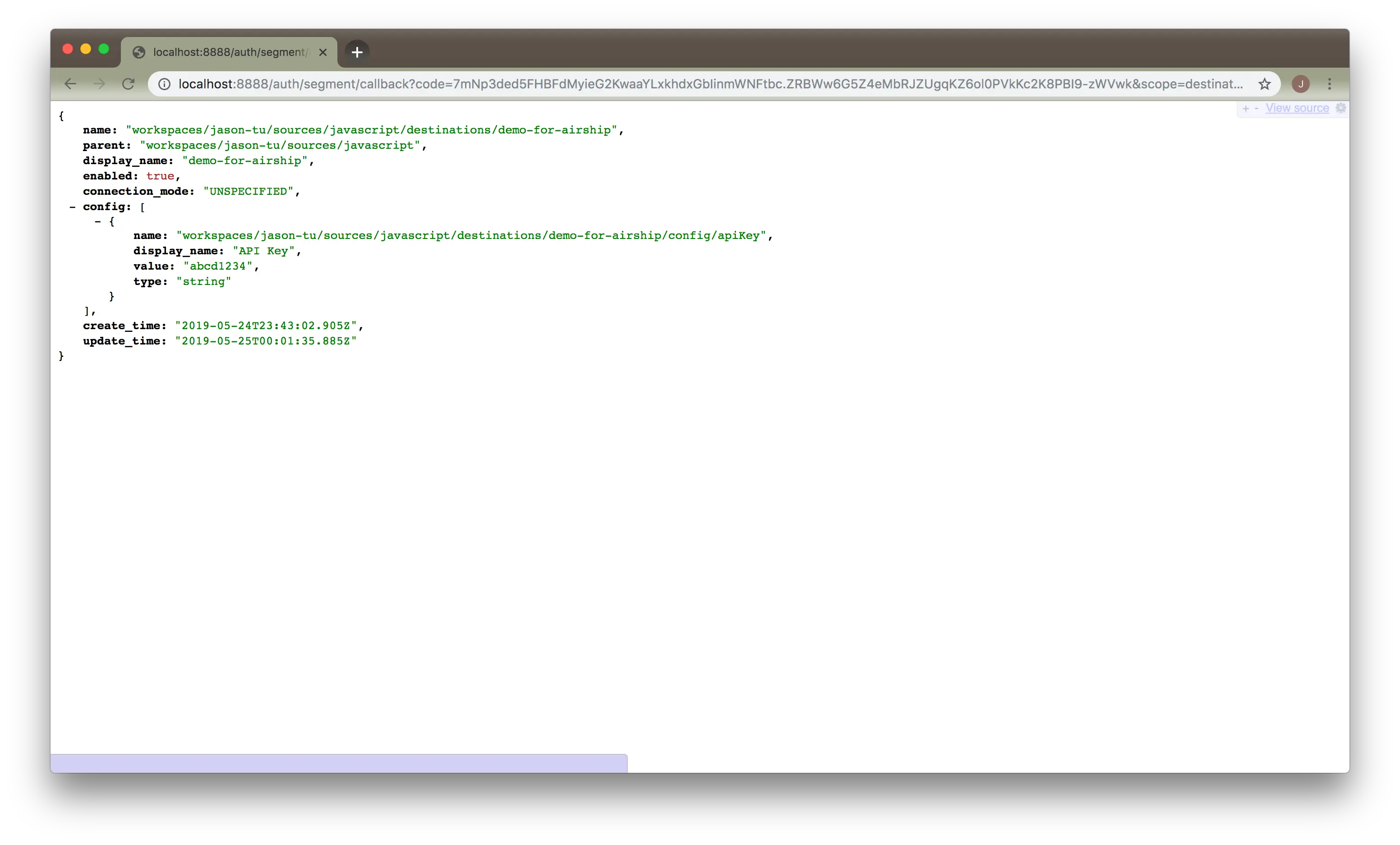 A JSON object that contains an API key and timestamps.