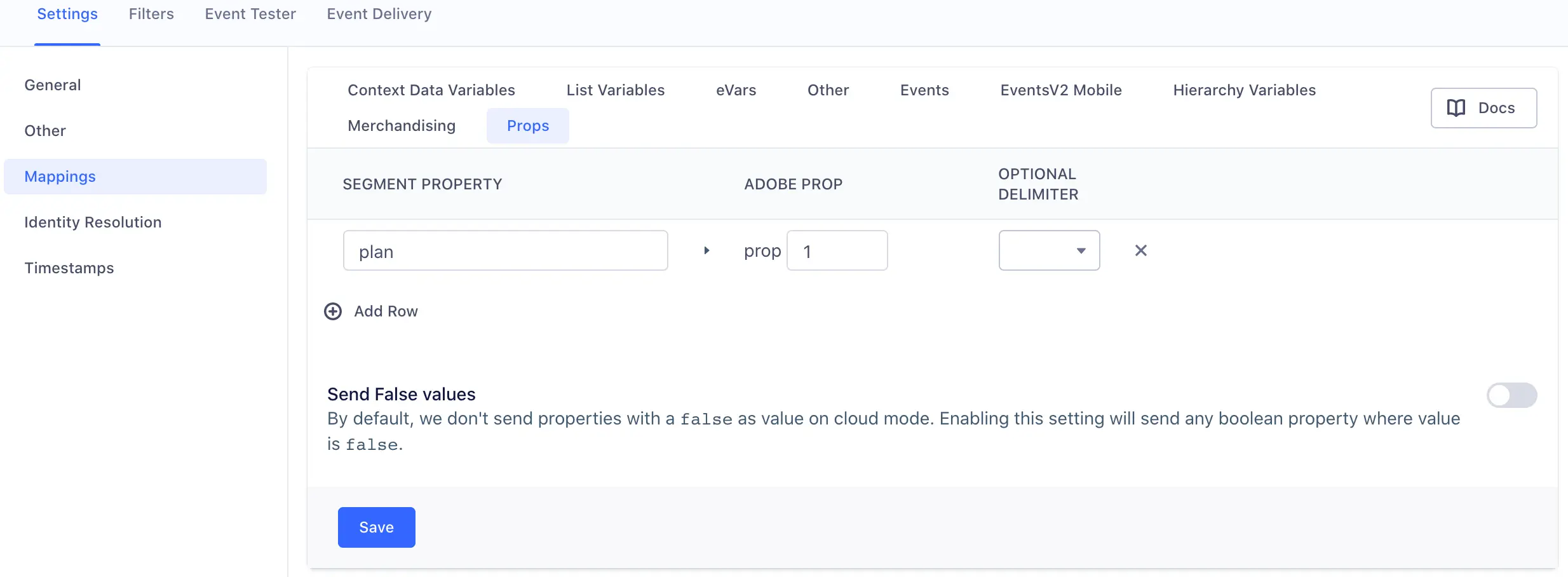 A screenshot of the Adobe Analytics settings page in Segment, with the Mappings section selected and a sample property mapping under the Props tab.