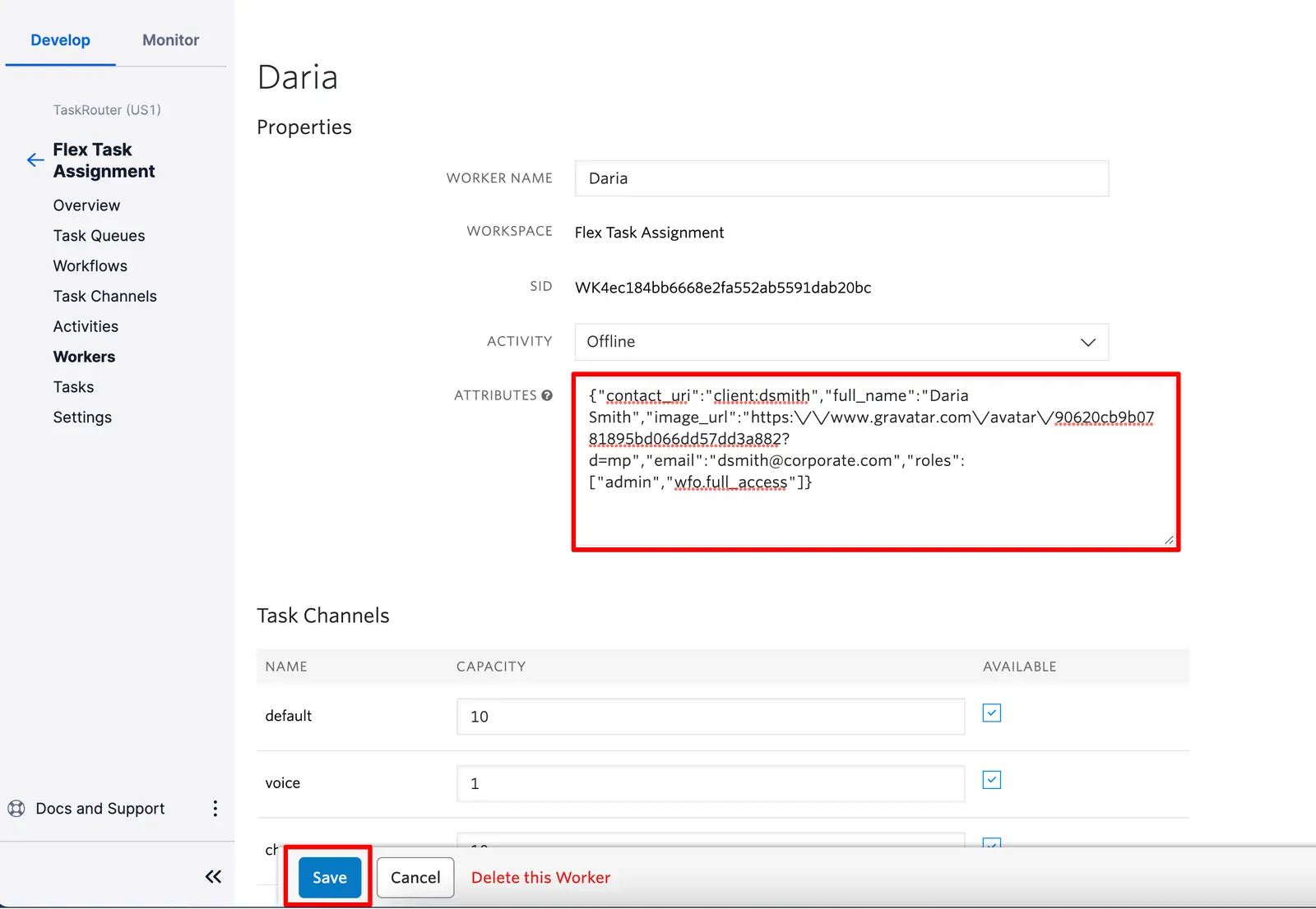 Worker profile for Daria with attributes JSON and save button highlighted.