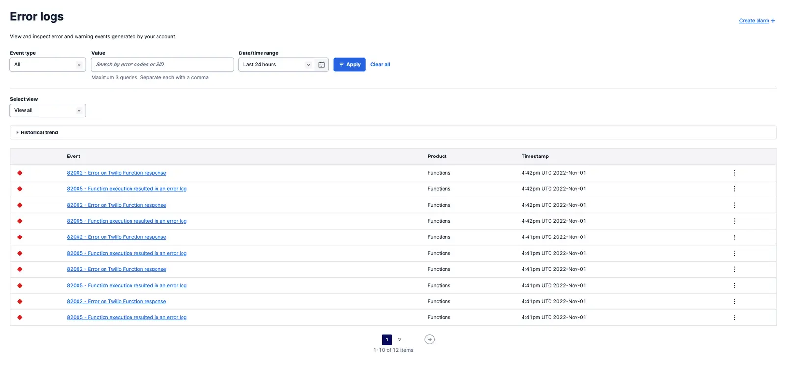 Twilio Console Error Logs page listing function errors with timestamps.