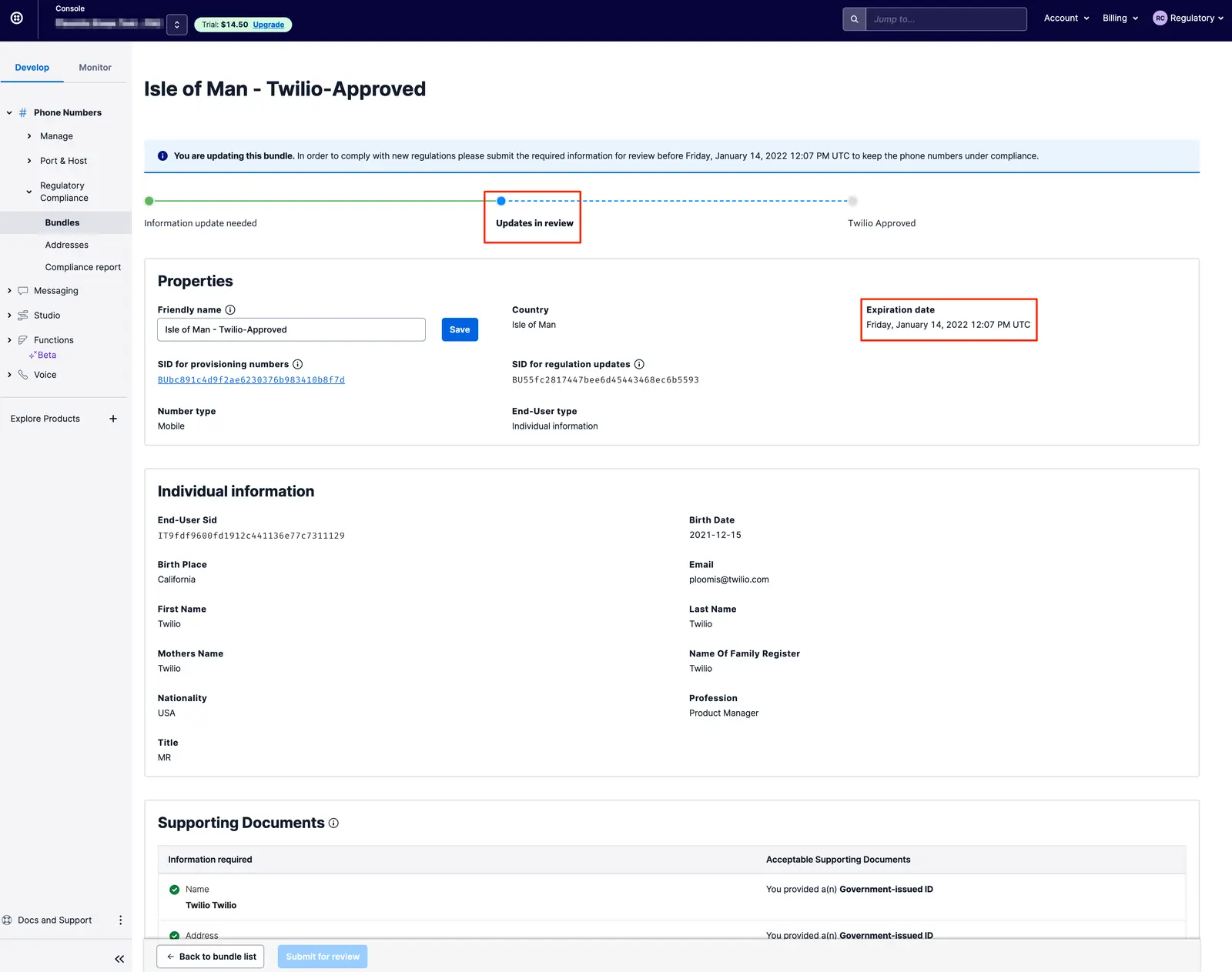 Twilio bundle update in review for the example; submission required before expiration date.