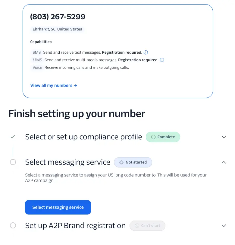 Finish setting up your number checklist with the compliance profile step complete and the Select messaging service step not started.