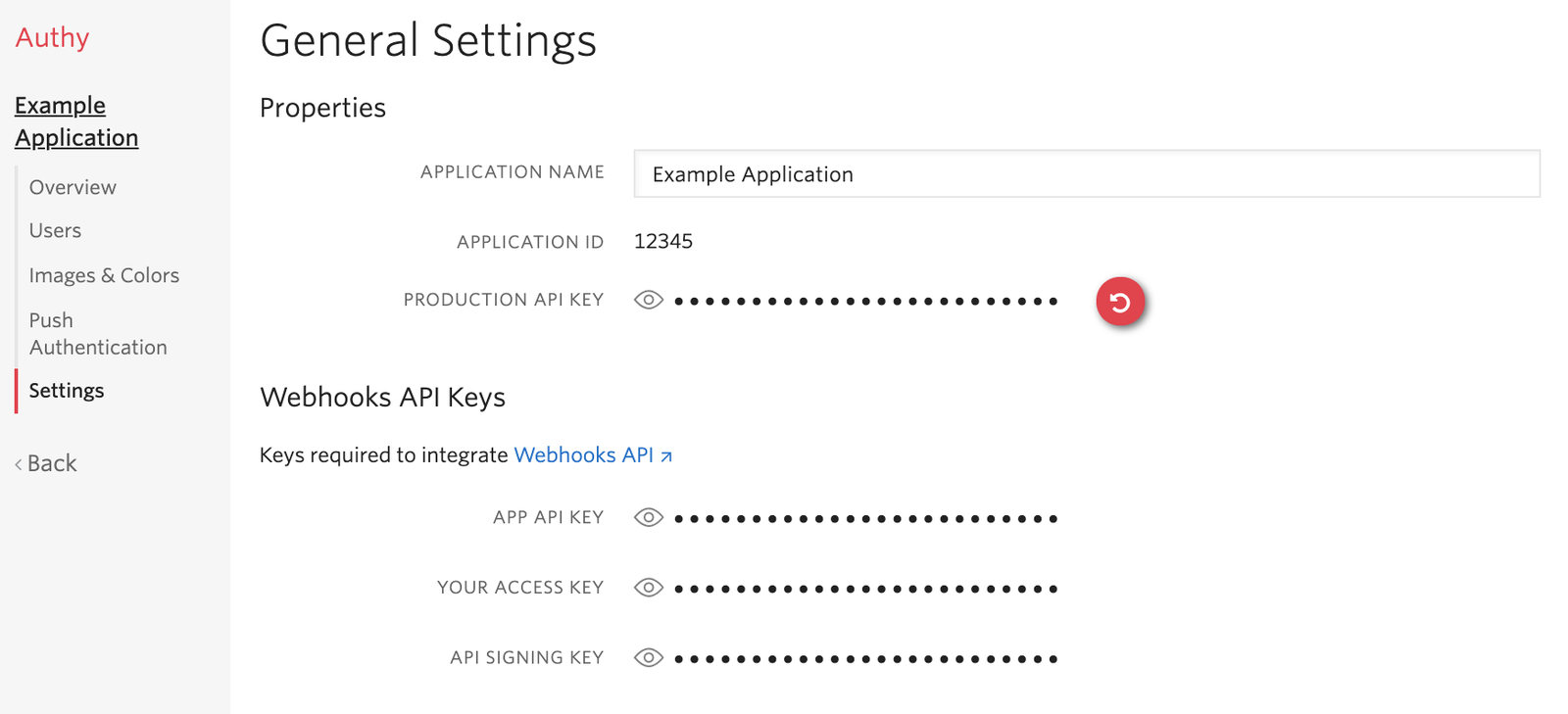 Authy settings webhooks API keys.