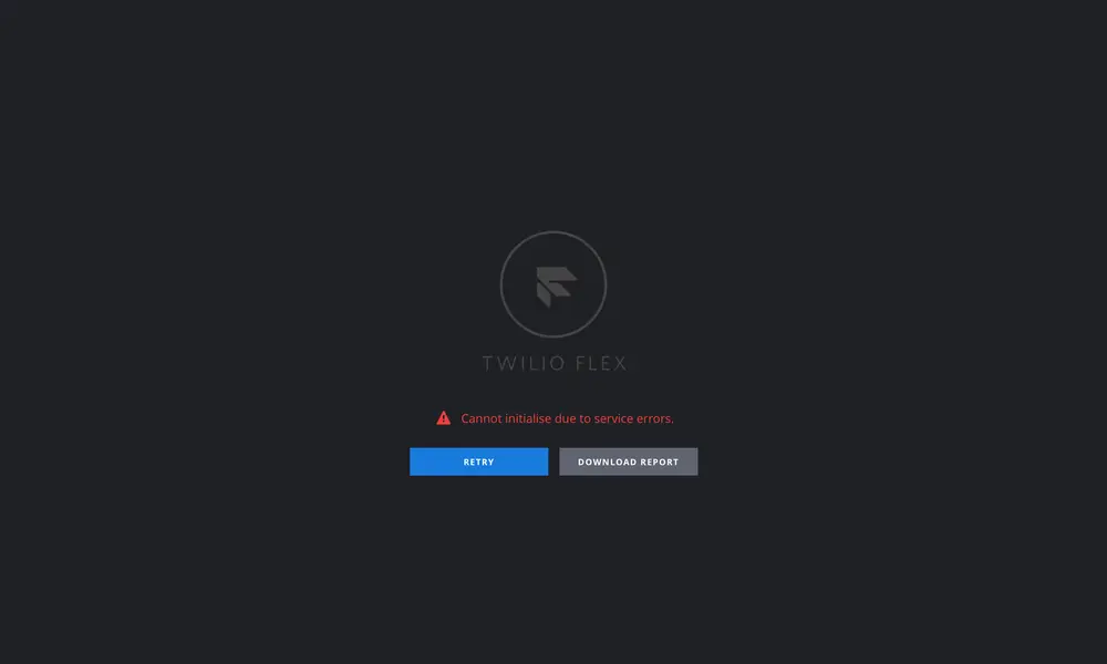 Twilio Flex error screen with retry and download report options.