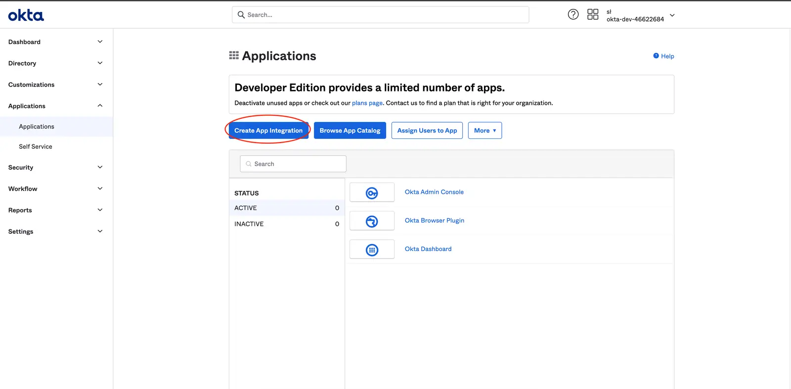 Okta Applications page with Create App Integration button highlighted.
