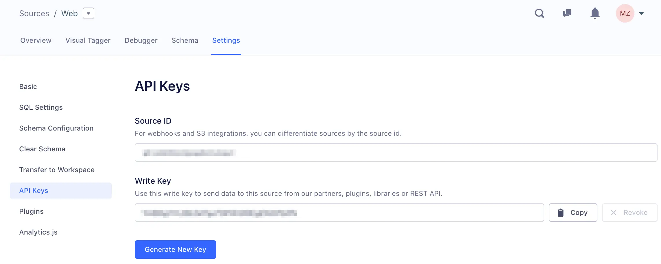 API Keys tab in web source settings showing source ID and write key with copy option.