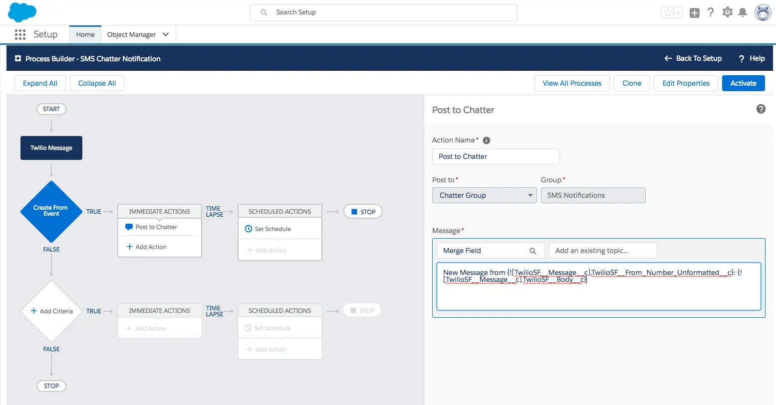 Post Twilio SMS to a Chatter group in Salesforce.