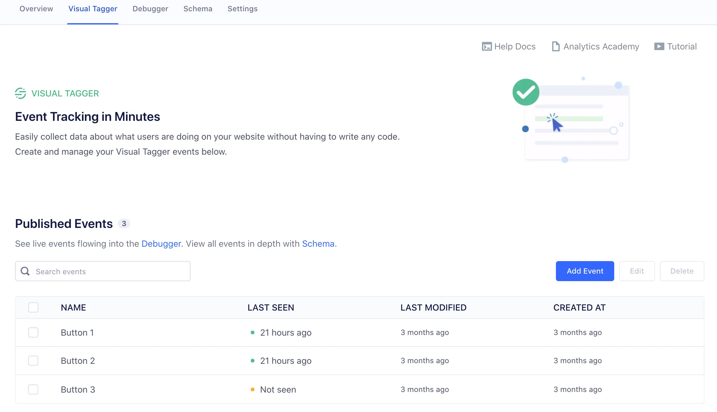 Visual Tagger interface showing event tracking and published events list.