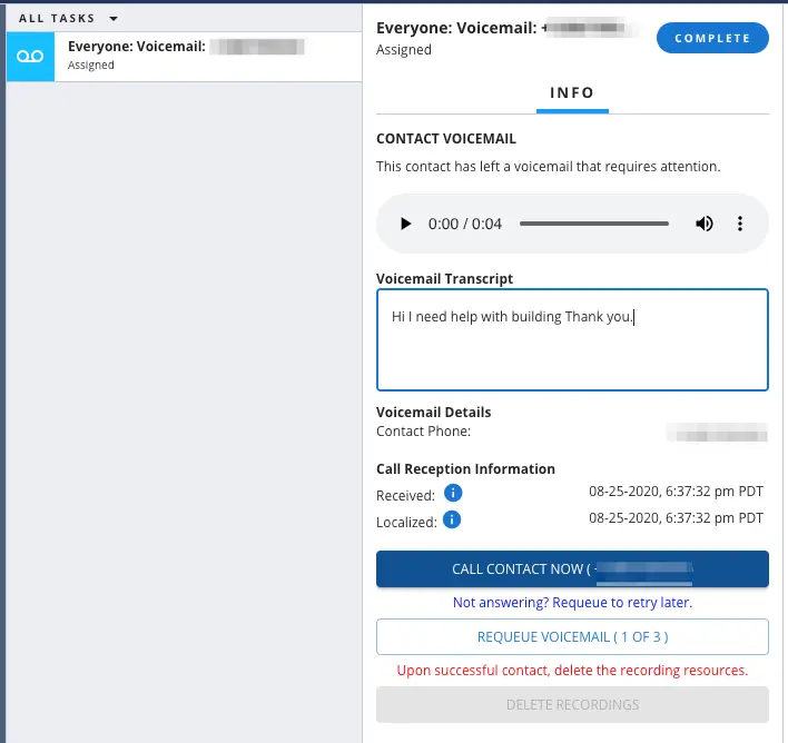 Voicemail task with transcript 'Hi I need help with building Thank you.' and call options.