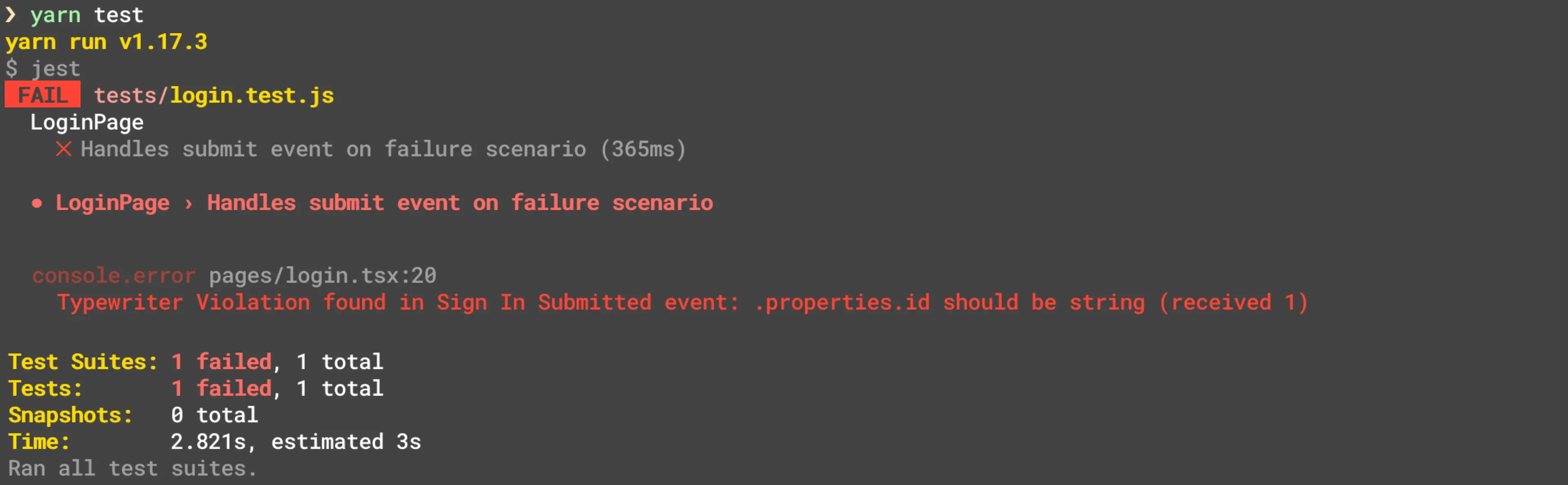 Example unit tests failing because of violations.
