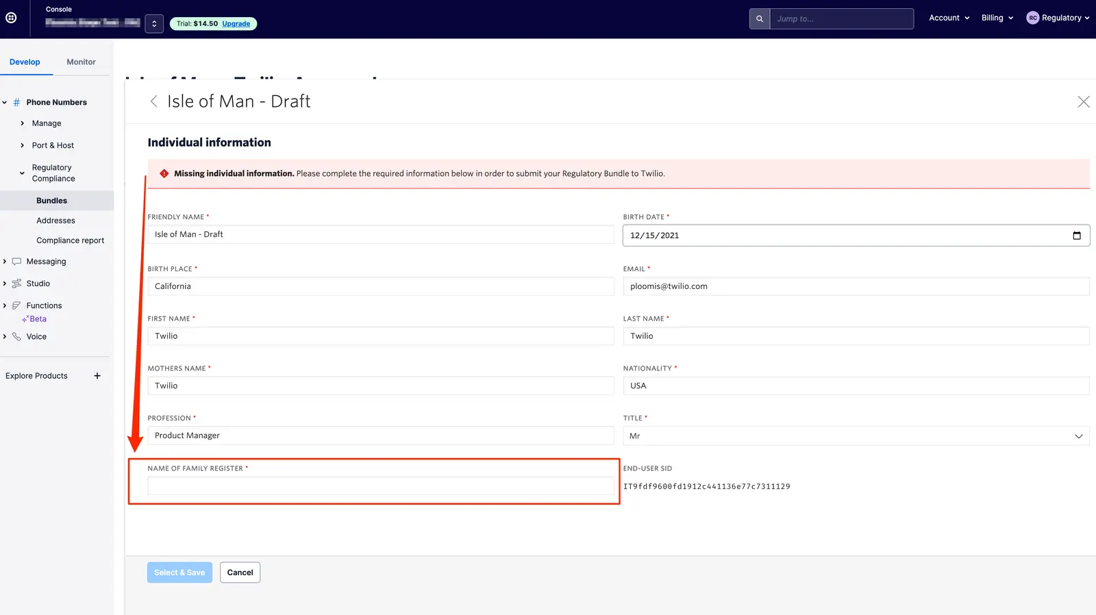 Missing individual information needs completion for the draft form, including name of family register.