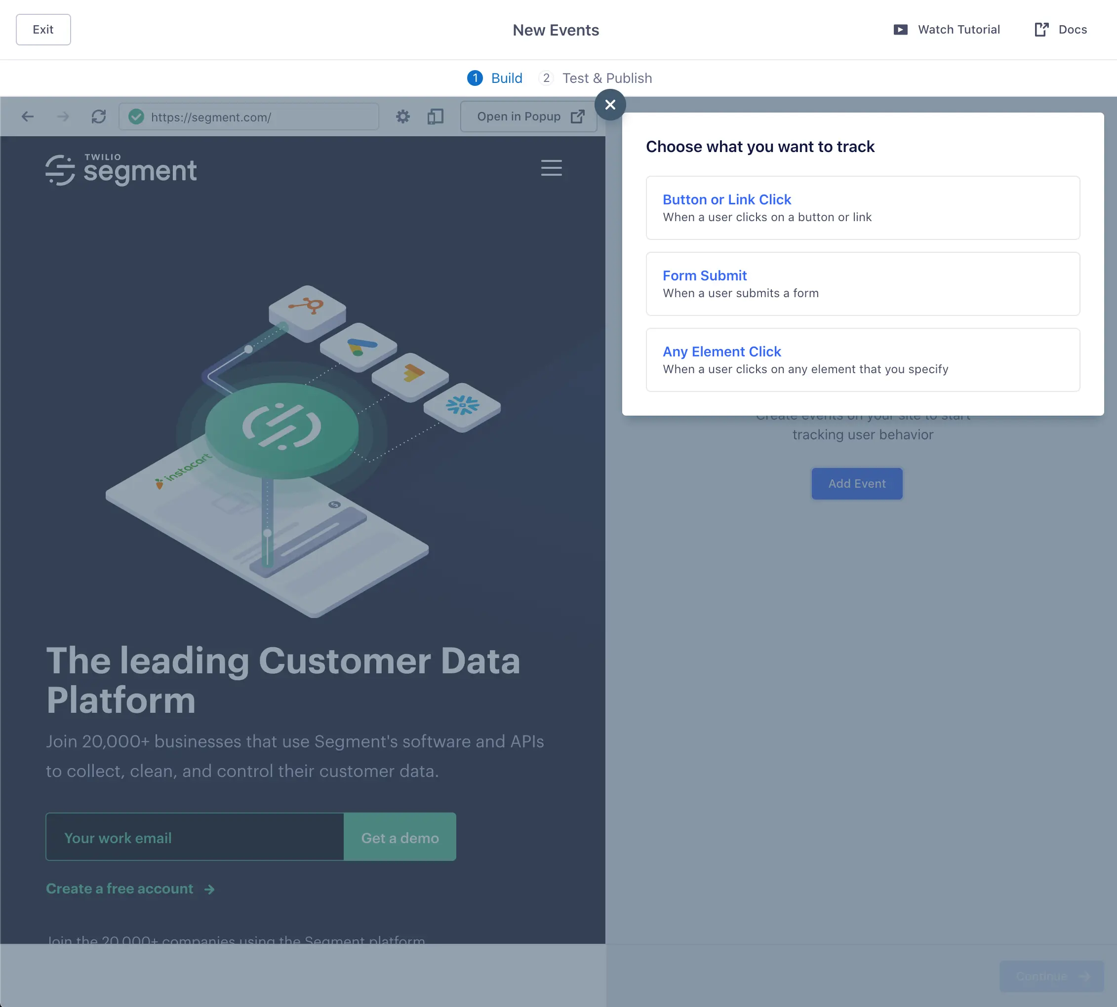 Options to track Button Click, Form Submit, or Any Element Click in Segment interface.