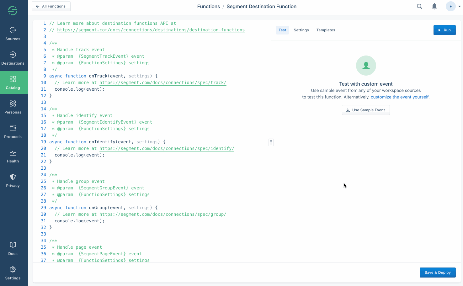 An animation showing someone using the Use Sample Event button, selecting a source, and clicking 'Use Event'.