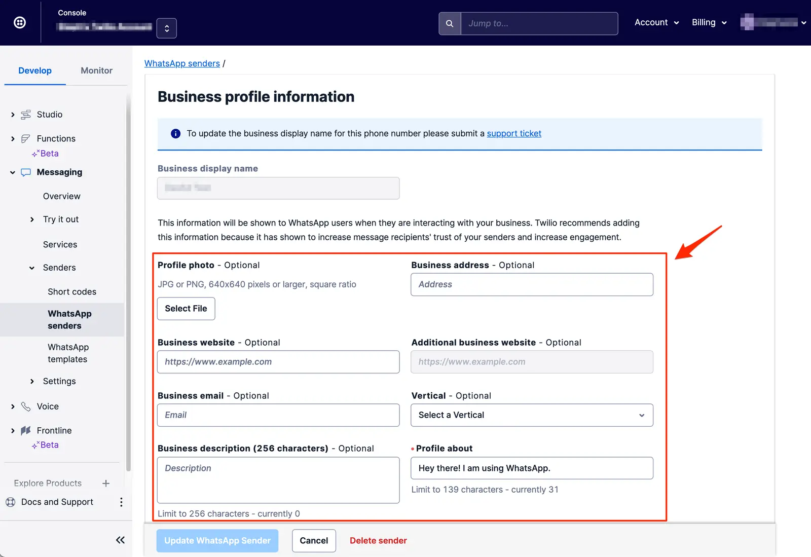WhatsApp business profile form in Twilio console with fields for , address, website, and description.