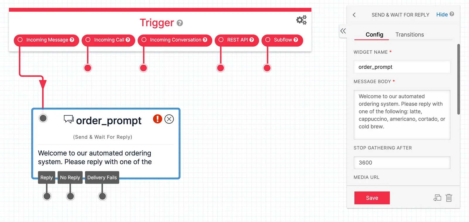 Twilio Studio order_prompt widget with options for latte, cappuccino, americano, cortado, or cold brew.