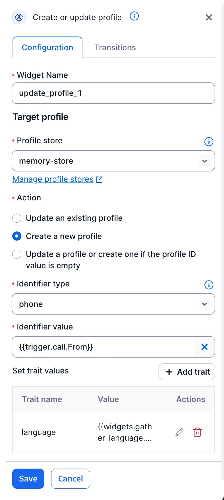 Create or Update Profile widget configuration panel showing the Action selector, Traits section, and Identity Details section